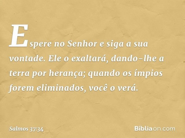 Espere no Senhor
e siga a sua vontade.
Ele o exaltará, dando-lhe a terra por herança;
quando os ímpios forem eliminados,
você o verá. -- Salmo 37:34