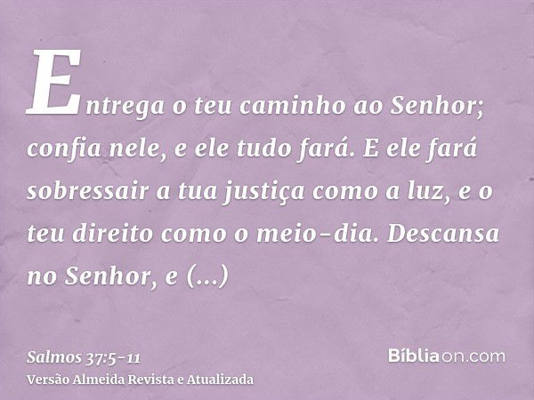 Entrega o teu caminho ao Senhor; confia nele, e ele tudo fará.E ele fará sobressair a tua justiça como a luz, e o teu direito como o meio-dia.Descansa no Senhor