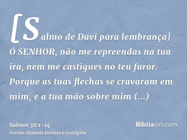 [Salmo de Davi para lembrança] Ó SENHOR, não me repreendas na tua ira, nem me castigues no teu furor.Porque as tuas flechas se cravaram em mim, e a tua mão sobr