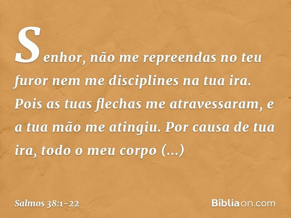 Senhor, não me repreendas no teu furor
nem me disciplines na tua ira. Pois as tuas flechas me atravessaram,
e a tua mão me atingiu. Por causa de tua ira,
todo o