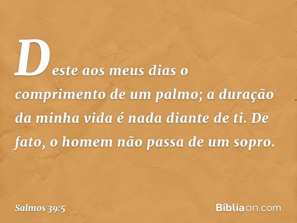 Deste aos meus dias
o comprimento de um palmo;
a duração da minha vida é nada diante de ti.
De fato, o homem não passa de um sopro. -- Salmo 39:5