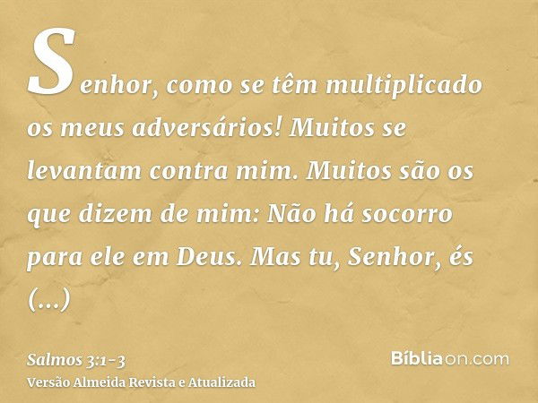 Senhor, como se têm multiplicado os meus adversários! Muitos se levantam contra mim.Muitos são os que dizem de mim: Não há socorro para ele em Deus.Mas tu, Senh