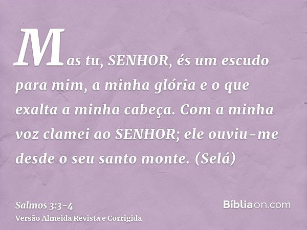 Mas tu, SENHOR, és um escudo para mim, a minha glória e o que exalta a minha cabeça.Com a minha voz clamei ao SENHOR; ele ouviu-me desde o seu santo monte. (Sel