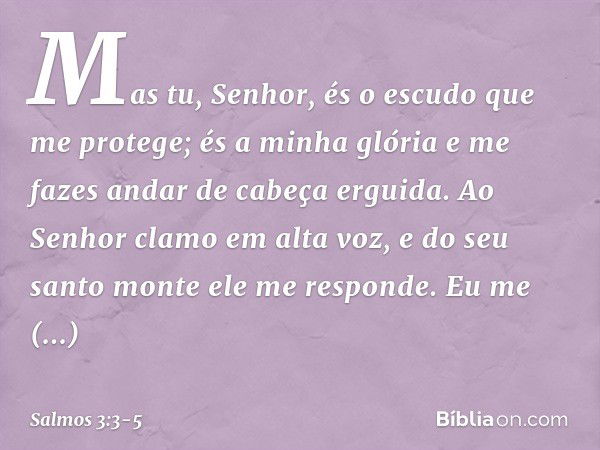 Mas tu, Senhor,
és o escudo que me protege;
és a minha glória
e me fazes andar de cabeça erguida. Ao Senhor clamo em alta voz,
e do seu santo monte ele me respo