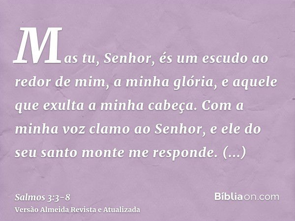 Mas tu, Senhor, és um escudo ao redor de mim, a minha glória, e aquele que exulta a minha cabeça.Com a minha voz clamo ao Senhor, e ele do seu santo monte me re