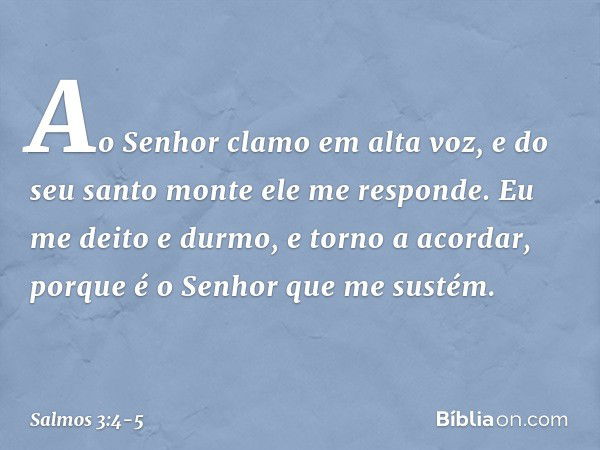 Ao Senhor clamo em alta voz,
e do seu santo monte ele me responde. Eu me deito e durmo, e torno a acordar,
porque é o Senhor que me sustém. -- Salmo 3:4-5