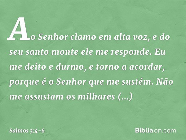 Ao Senhor clamo em alta voz,
e do seu santo monte ele me responde. Eu me deito e durmo, e torno a acordar,
porque é o Senhor que me sustém. Não me assustam os m