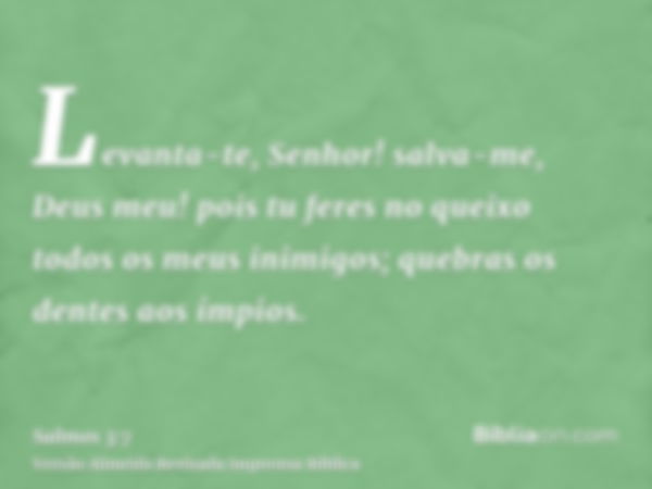 Levanta-te, Senhor! salva-me, Deus meu! pois tu feres no queixo todos os meus inimigos; quebras os dentes aos ímpios.