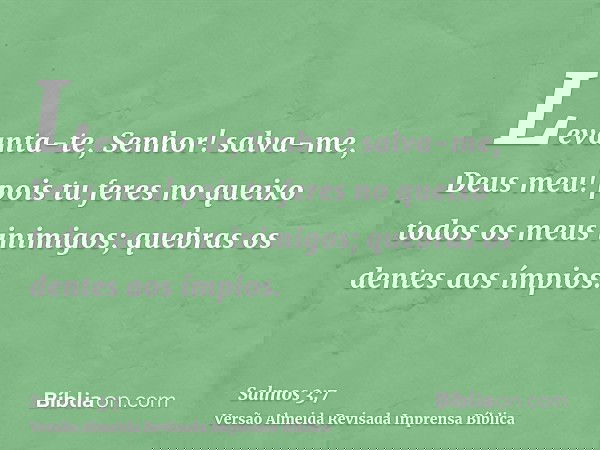 Levanta-te, Senhor! salva-me, Deus meu! pois tu feres no queixo todos os meus inimigos; quebras os dentes aos ímpios.