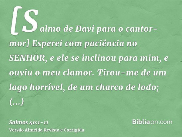 [Salmo de Davi para o cantor-mor] Esperei com paciência no SENHOR, e ele se inclinou para mim, e ouviu o meu clamor.Tirou-me de um lago horrível, de um charco d