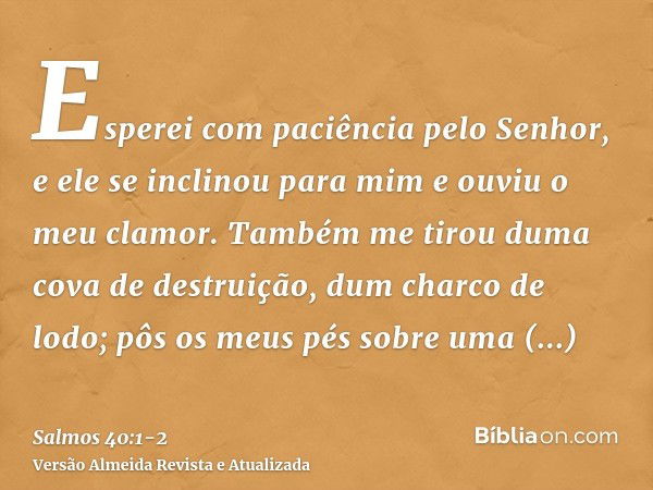 Esperei com paciência pelo Senhor, e ele se inclinou para mim e ouviu o meu clamor.Também me tirou duma cova de destruição, dum charco de lodo; pôs os meus pés 