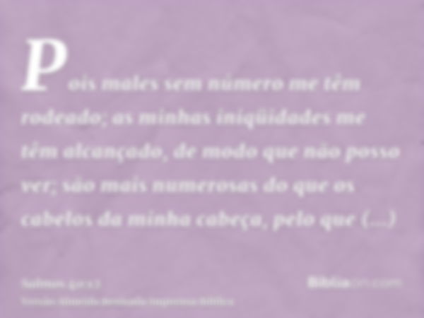 Pois males sem número me têm rodeado; as minhas iniqüidades me têm alcançado, de modo que não posso ver; são mais numerosas do que os cabelos da minha cabeça, p