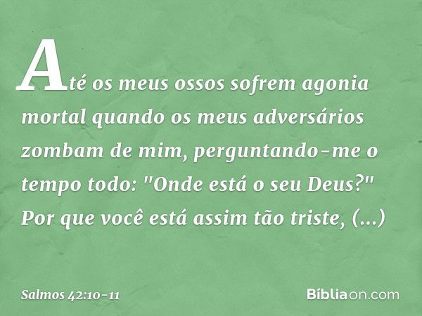 Até os meus ossos sofrem agonia mortal
quando os meus adversários zombam de mim,
perguntando-me o tempo todo:
"Onde está o seu Deus?" Por que você está assim tã