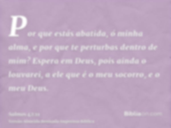 Por que estás abatida, ó minha alma, e por que te perturbas dentro de mim? Espera em Deus, pois ainda o louvarei, a ele que é o meu socorro, e o meu Deus.