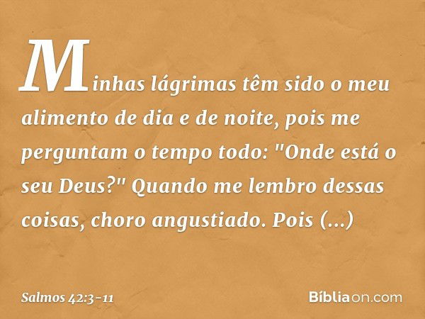 Minhas lágrimas têm sido o meu alimento
de dia e de noite,
pois me perguntam o tempo todo:
"Onde está o seu Deus?" Quando me lembro dessas coisas,
choro angusti