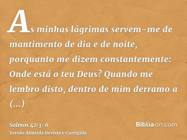 As minhas lágrimas servem-me de mantimento de dia e de noite, porquanto me dizem constantemente: Onde está o teu Deus?Quando me lembro disto, dentro de mim derr