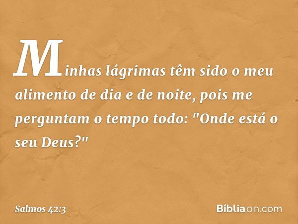 Minhas lágrimas têm sido o meu alimento
de dia e de noite,
pois me perguntam o tempo todo:
"Onde está o seu Deus?" -- Salmo 42:3