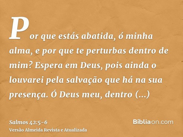 Por que estás abatida, ó minha alma, e por que te perturbas dentro de mim? Espera em Deus, pois ainda o louvarei pela salvação que há na sua presença.Ó Deus meu