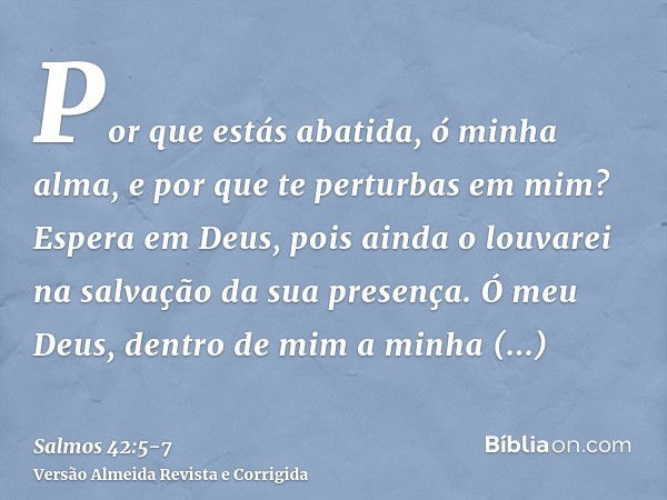 Por que estás abatida, ó minha alma, e por que te perturbas em mim? Espera em Deus, pois ainda o louvarei na salvação da sua presença.Ó meu Deus, dentro de mim 