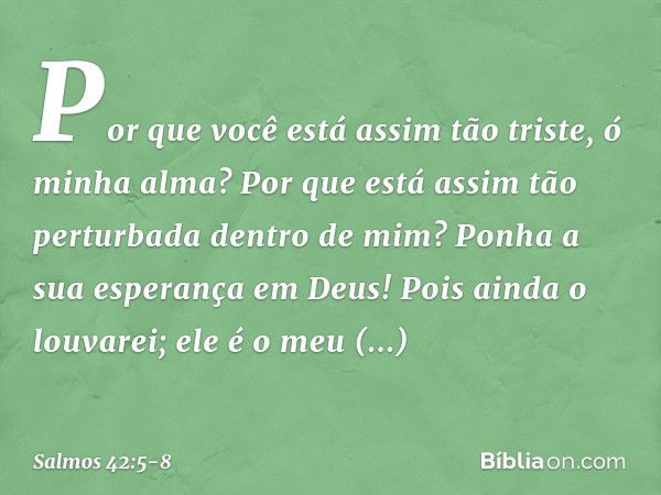 Por que você está assim tão triste,
ó minha alma?
Por que está assim tão perturbada
dentro de mim?
Ponha a sua esperança em Deus!
Pois ainda o louvarei;
ele é o