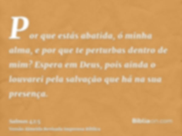 Por que estás abatida, ó minha alma, e por que te perturbas dentro de mim? Espera em Deus, pois ainda o louvarei pela salvação que há na sua presença.