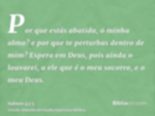 Por que estás abatida, ó minha alma? e por que te perturbas dentro de mim? Espera em Deus, pois ainda o louvarei, a ele que é o meu socorro, e o meu Deus.