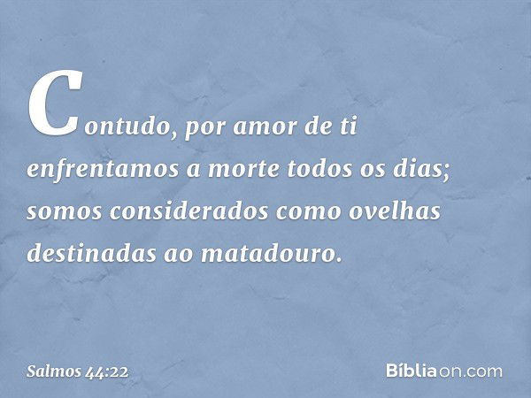 Contudo, por amor de ti
enfrentamos a morte todos os dias;
somos considerados como ovelhas
destinadas ao matadouro. -- Salmo 44:22