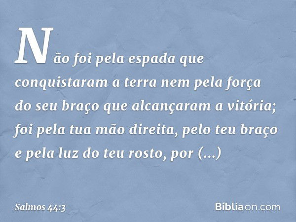 Não foi pela espada que conquistaram a terra
nem pela força do seu braço
que alcançaram a vitória;
foi pela tua mão direita, pelo teu braço
e pela luz do teu ro