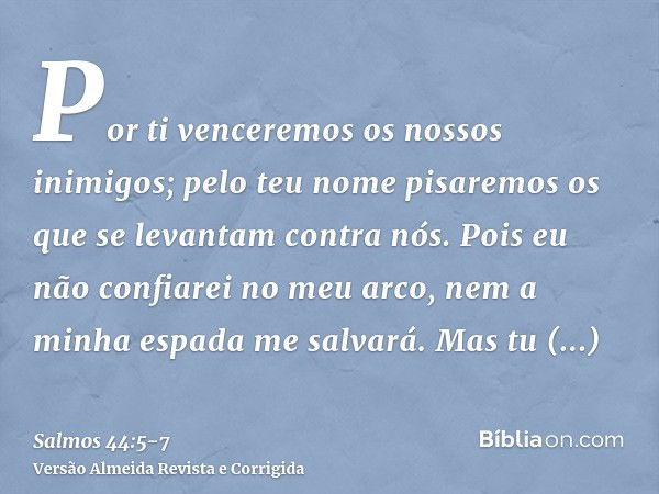 Por ti venceremos os nossos inimigos; pelo teu nome pisaremos os que se levantam contra nós.Pois eu não confiarei no meu arco, nem a minha espada me salvará.Mas