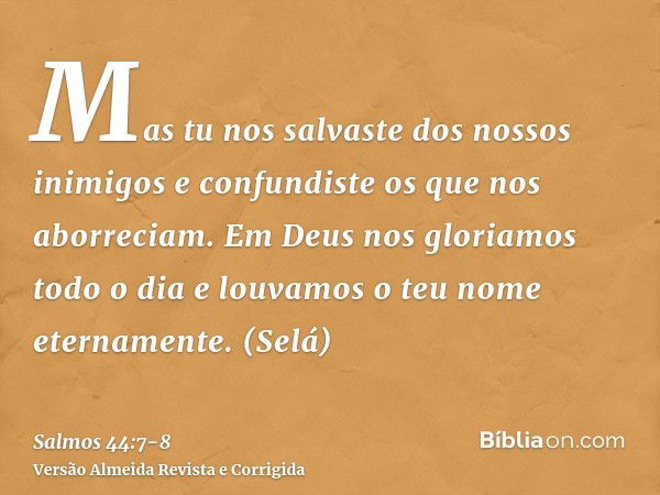 Mas tu nos salvaste dos nossos inimigos e confundiste os que nos aborreciam.Em Deus nos gloriamos todo o dia e louvamos o teu nome eternamente. (Selá)