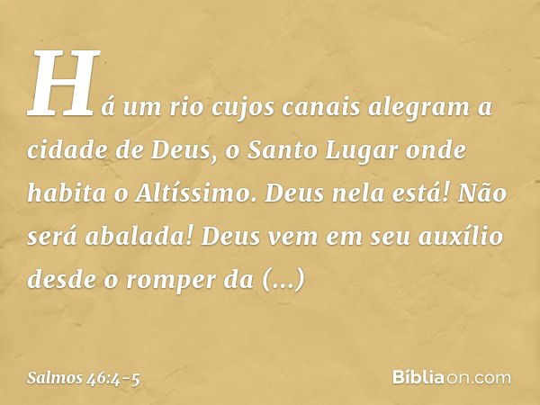 Há um rio cujos canais alegram
a cidade de Deus,
o Santo Lugar onde habita o Altíssimo. Deus nela está! Não será abalada!
Deus vem em seu auxílio
desde o romper