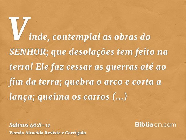 Vinde, contemplai as obras do SENHOR; que desolações tem feito na terra!Ele faz cessar as guerras até ao fim da terra; quebra o arco e corta a lança; queima os 