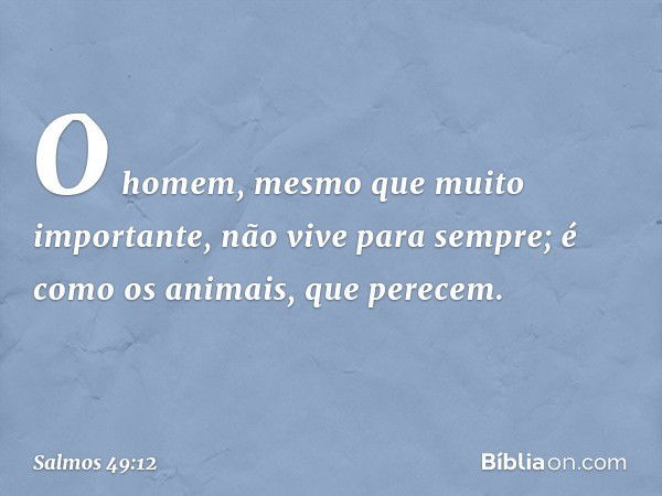 O homem, mesmo que muito importante,
não vive para sempre;
é como os animais, que perecem. -- Salmo 49:12