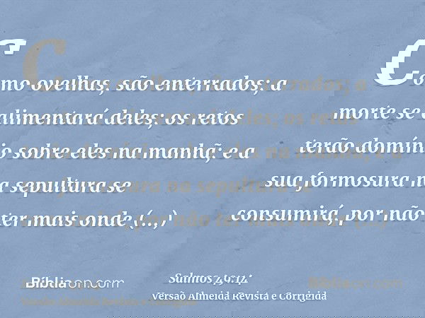 Como ovelhas, são enterrados; a morte se alimentará deles; os retos terão domínio sobre eles na manhã; e a sua formosura na sepultura se consumirá, por não ter
