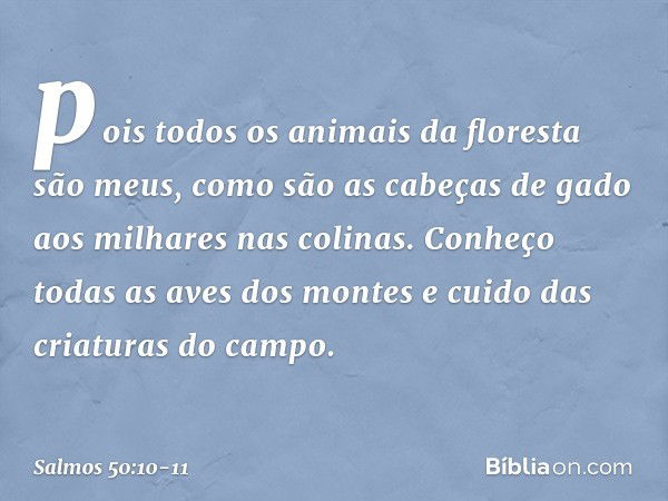 pois todos os animais da floresta são meus,
como são as cabeças de gado
aos milhares nas colinas. Conheço todas as aves dos montes
e cuido das criaturas do camp