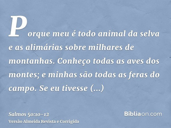 Porque meu é todo animal da selva e as alimárias sobre milhares de montanhas.Conheço todas as aves dos montes; e minhas são todas as feras do campo.Se eu tivess