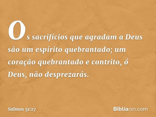 Os sacrifícios que agradam a Deus
são um espírito quebrantado;
um coração quebrantado e contrito,
ó Deus, não desprezarás. -- Salmo 51:17