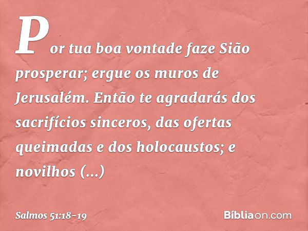 Por tua boa vontade faze Sião prosperar;
ergue os muros de Jerusalém. Então te agradarás dos sacrifícios sinceros,
das ofertas queimadas e dos holocaustos;
e no