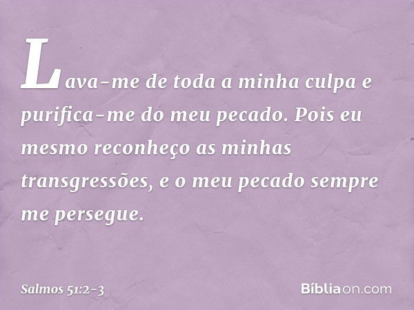 Lava-me de toda a minha culpa
e purifica-me do meu pecado. Pois eu mesmo
reconheço as minhas transgressões,
e o meu pecado sempre me persegue. -- Salmo 51:2-3