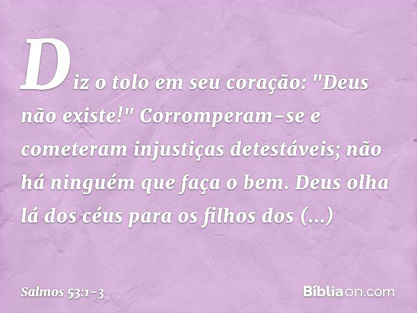 Diz o tolo em seu coração:
"Deus não existe!"
Corromperam-se
e cometeram injustiças detestáveis;
não há ninguém que faça o bem. Deus olha lá dos céus
para os fi