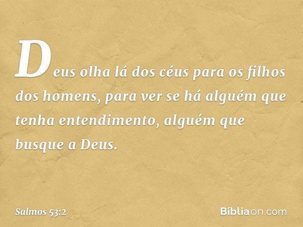 Deus olha lá dos céus
para os filhos dos homens,
para ver se há alguém
que tenha entendimento,
alguém que busque a Deus. -- Salmo 53:2