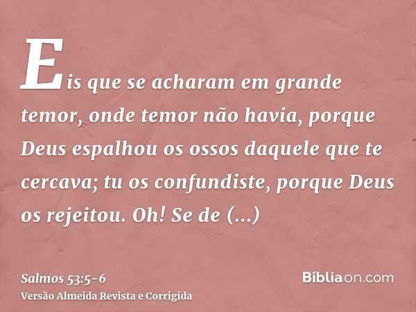 Eis que se acharam em grande temor, onde temor não havia, porque Deus espalhou os ossos daquele que te cercava; tu os confundiste, porque Deus os rejeitou.Oh! S