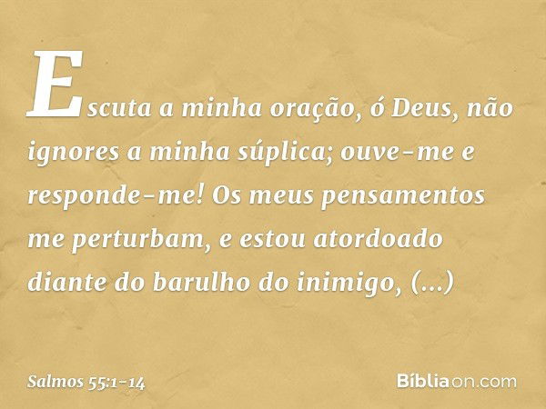 Escuta a minha oração, ó Deus,
não ignores a minha súplica; ouve-me e responde-me!
Os meus pensamentos me perturbam,
e estou atordoado diante do barulho do inim