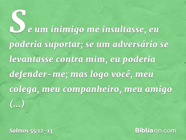 Se um inimigo me insultasse,
eu poderia suportar;
se um adversário se levantasse contra mim,
eu poderia defender-me; mas logo você, meu colega,
meu companheiro,