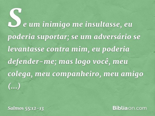 Se um inimigo me insultasse,
eu poderia suportar;
se um adversário se levantasse contra mim,
eu poderia defender-me; mas logo você, meu colega,
meu companheiro,