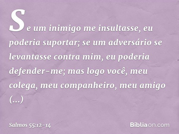 Se um inimigo me insultasse,
eu poderia suportar;
se um adversário se levantasse contra mim,
eu poderia defender-me; mas logo você, meu colega,
meu companheiro,