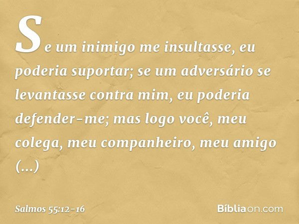 Se um inimigo me insultasse,
eu poderia suportar;
se um adversário se levantasse contra mim,
eu poderia defender-me; mas logo você, meu colega,
meu companheiro,