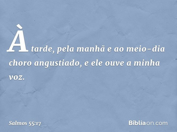 À tarde, pela manhã e ao meio-dia
choro angustiado,
e ele ouve a minha voz. -- Salmo 55:17