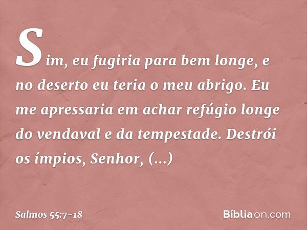 Sim, eu fugiria para bem longe,
e no deserto eu teria o meu abrigo. Eu me apressaria em achar refúgio
longe do vendaval e da tempestade. Destrói os ímpios, Senh