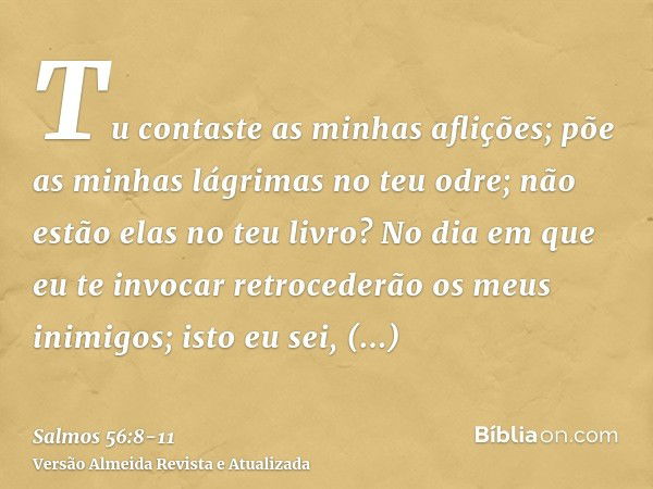 Tu contaste as minhas aflições; põe as minhas lágrimas no teu odre; não estão elas no teu livro?No dia em que eu te invocar retrocederão os meus inimigos; isto 